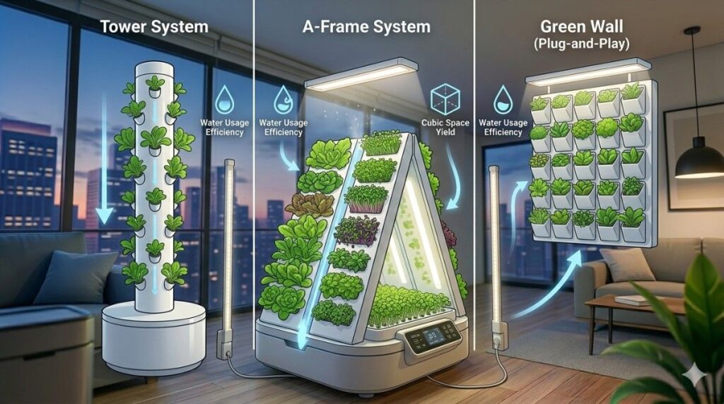 Comparison of Tower, A-Frame, and Green Wall vertical hydroponic designs.