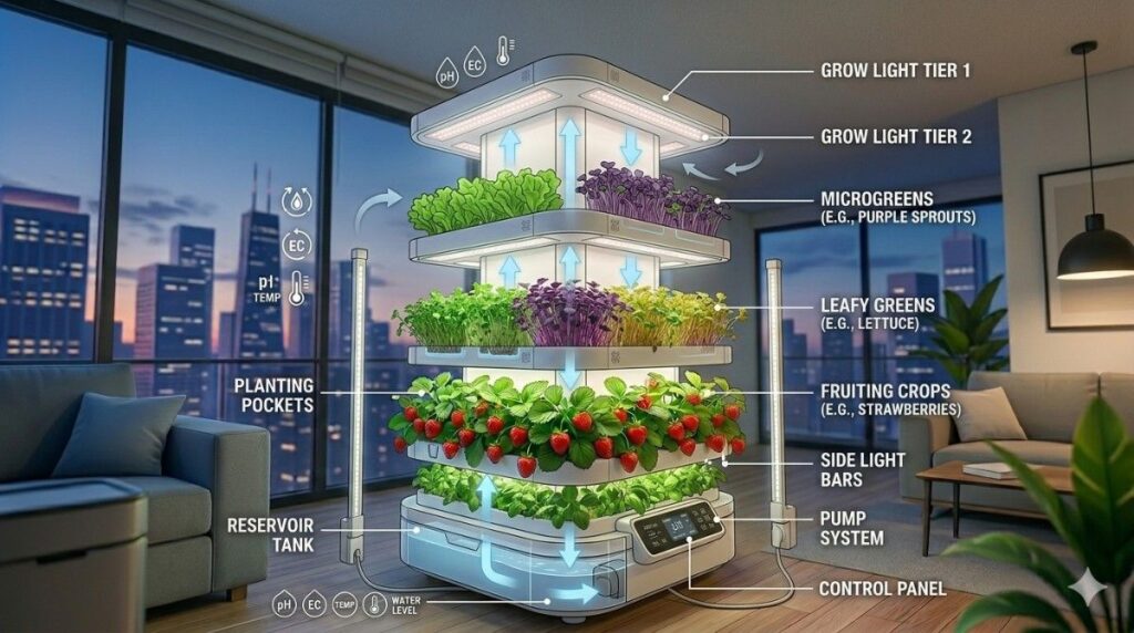Maintenance controls for pH, EC, and automation in vertical hydroponics.