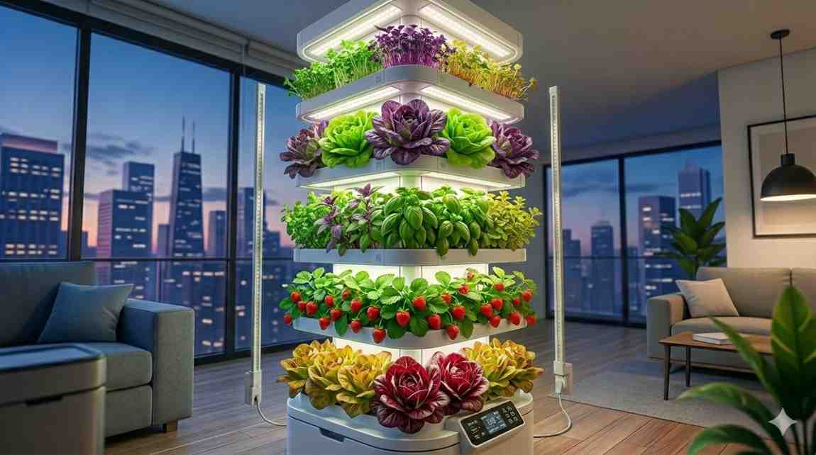 Indoor hydroponics Fresh strawberries and microgreens at home.