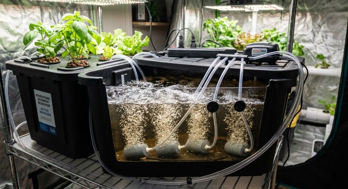 Air-stone-connected -air-pump-hydroponic-DWC-system