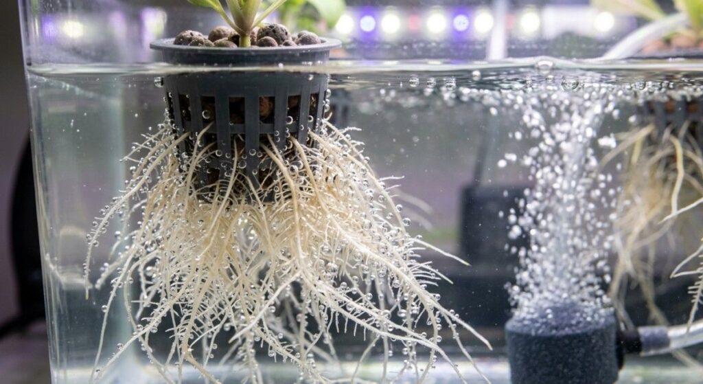 Close-up-hydroponic-plant-roots-oxygen bubbles