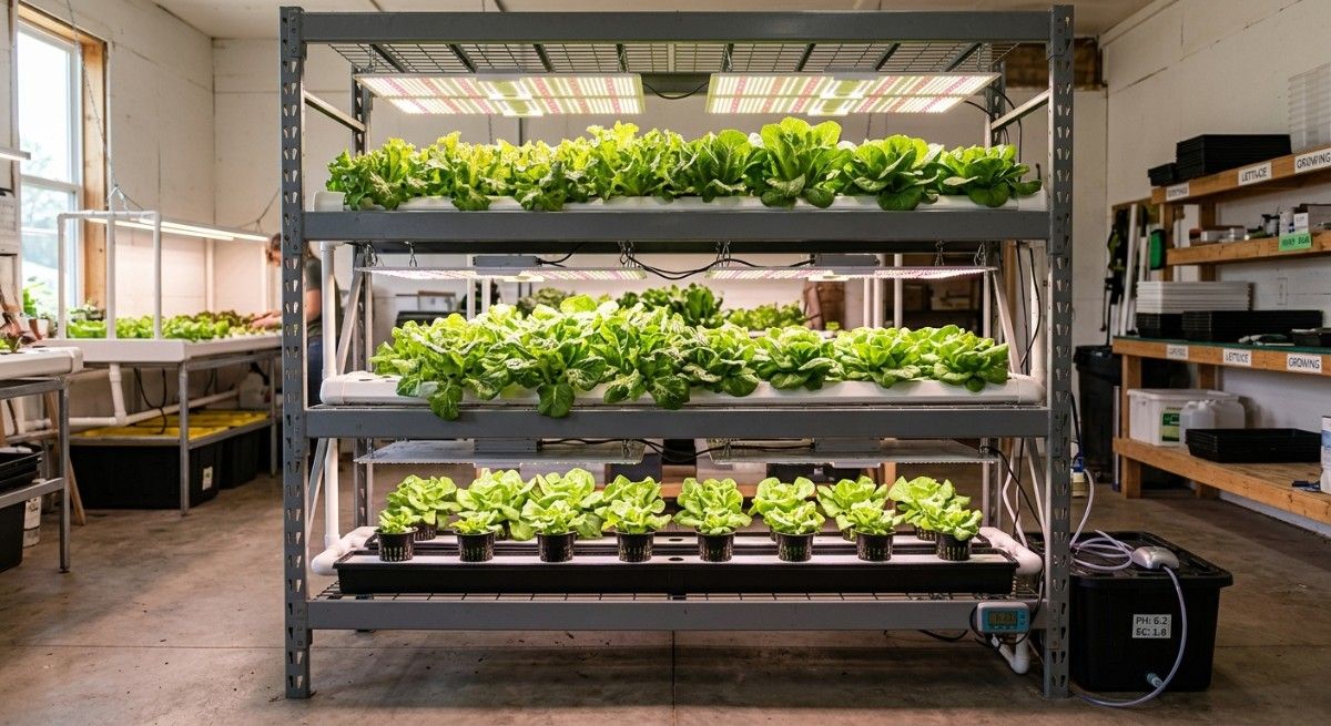 DIY-hydroponic-shelf-setup-showing-nutrient-solution-reservoir-timer Share