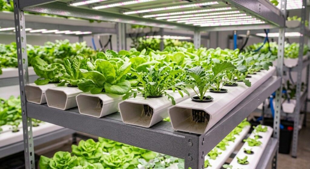 Close-up-leafy-greens-growing-NFT-hydroponic-channels-shelf
