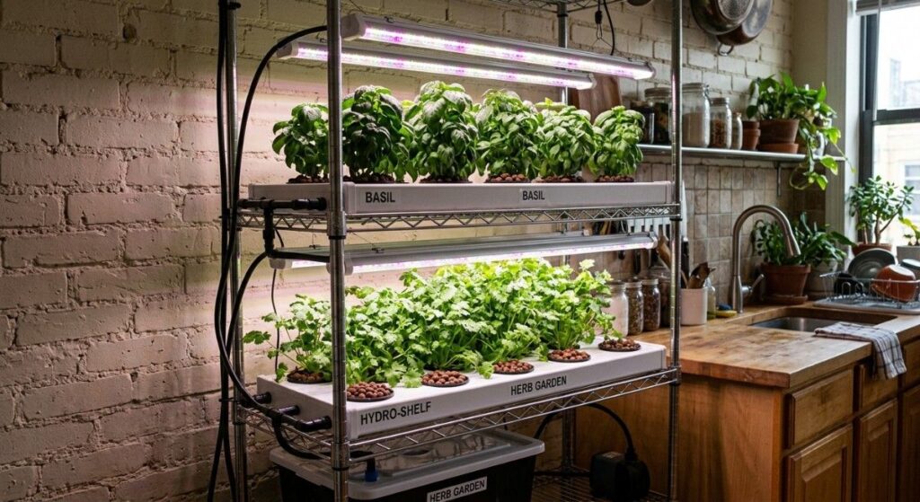 Three-tier-metal-hydroponic-shelf-LED-grow-lights and lettuce plants