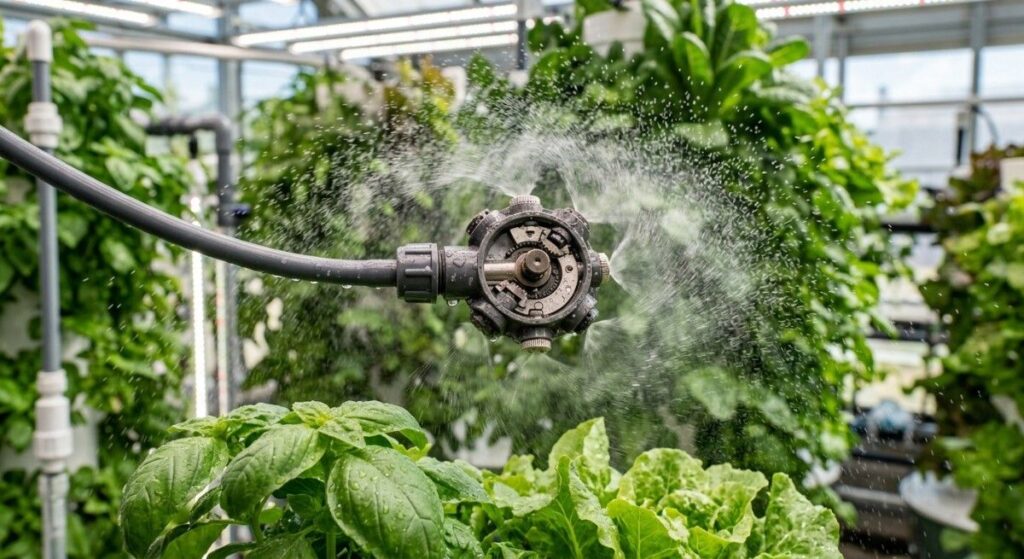 Close-up-360-degree-rotating-hydroponic-sprayer-head-mist-droplets