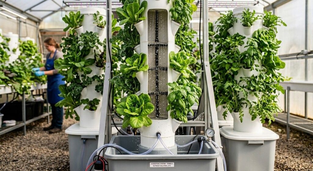 Hydroponic-tower-garden-vertical-drip-sprayer-system-operation