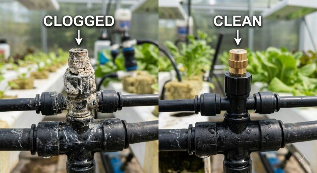 Clogged-clean-hydroponic-nozzle-comparison-showing-mineral-buildup
